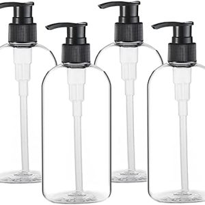Empty Plastic Pump Bottles Dispenser 4 Pack 16oz/500ml Portable Clear BPA-Free Cylinder Shampoo Lotion Hand Pump Bottle Durable Refillable Containers