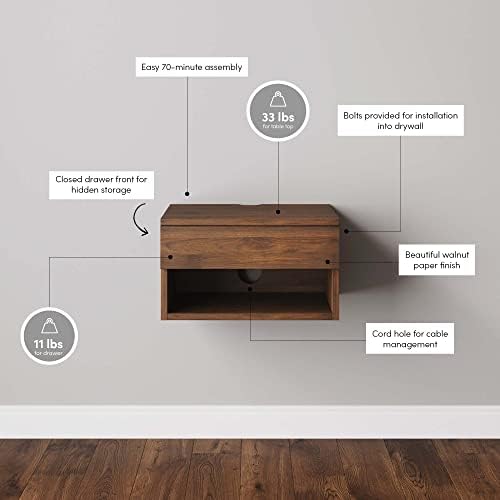 Nathan James Jackson Wall Mounted Floating Bedroom Nightstand with Storage Drawer and Modern Open Shelf Cubby, Dark Brown Walnut - Image 5
